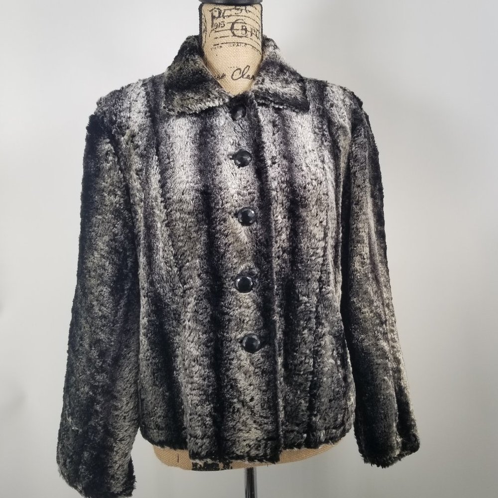 Chico's Gray/Black Faux-fur Coat Fully lined